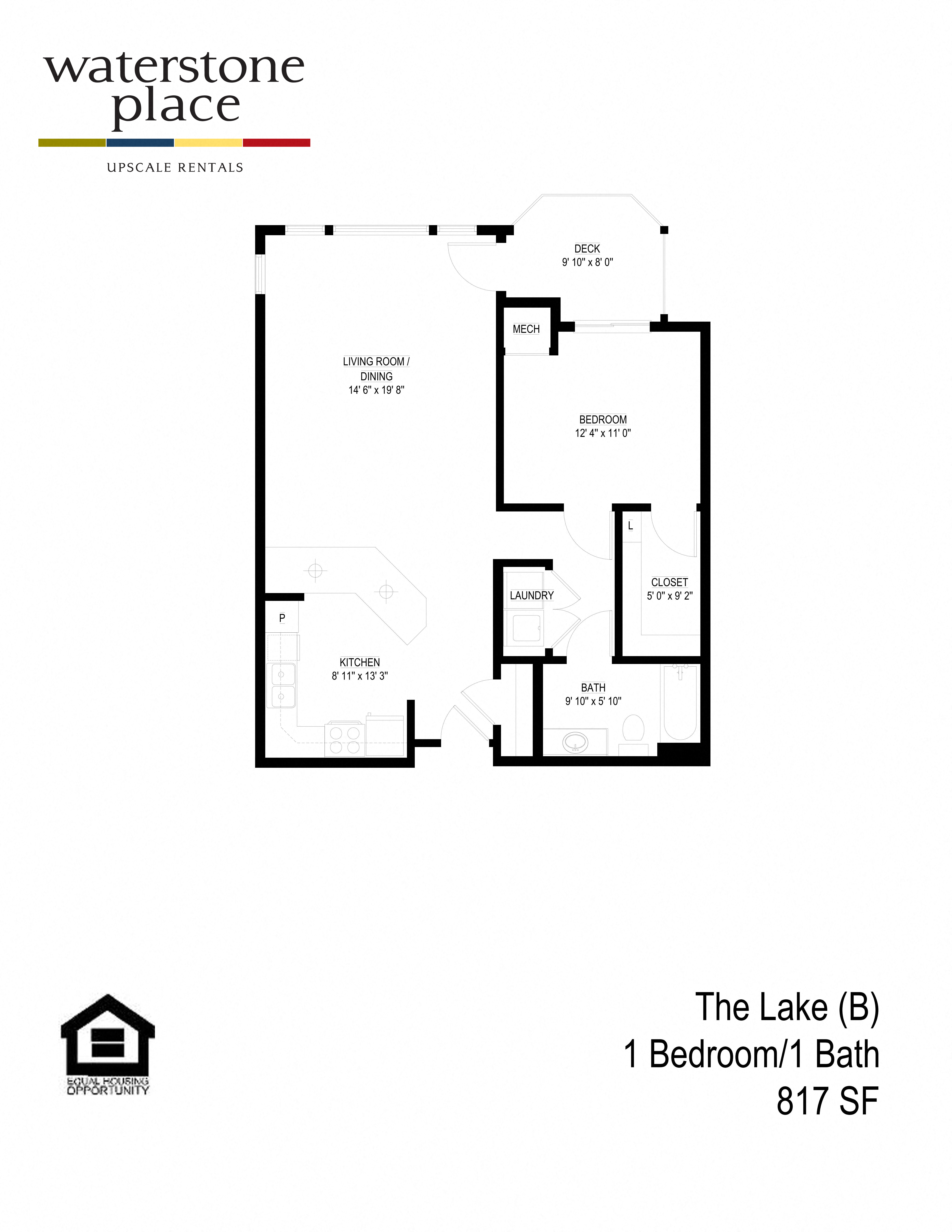 Floor plan for 1 bed, 1 bath, 817 sqft